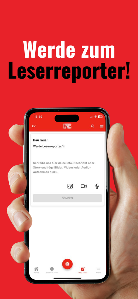 EXPRESS – Cologne News & Sport - A smartphone screen displaying the reader reporter feature of the EXPRESS Cologne news app allowing users to submit news and media.