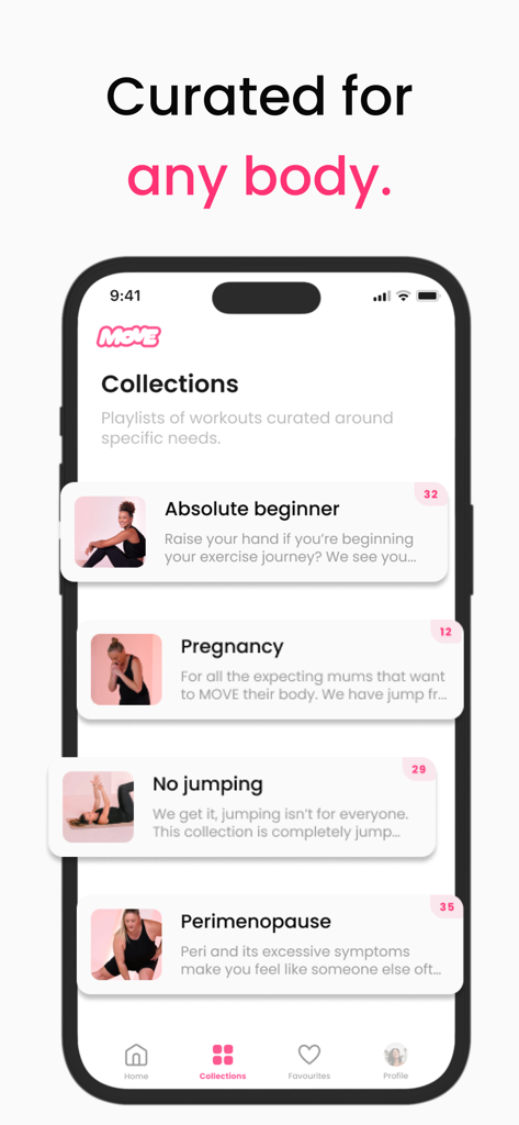 Schermata delle raccolte dell'app di fitness MOVE che mostra categorie di allenamento per gravidanza e perimenopausa