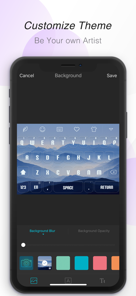 GO Keyboard-Emojis&Cool Themes - Interface do aplicativo Go Keyboard mostrando opções para personalizar um tema de teclado com um fundo de paisagem de montanha e controles de desfoque.
