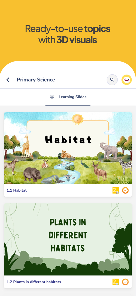 The Assemblr EDU app interface displaying a list of primary science learning slides about habitats and plants with 3D visuals.
