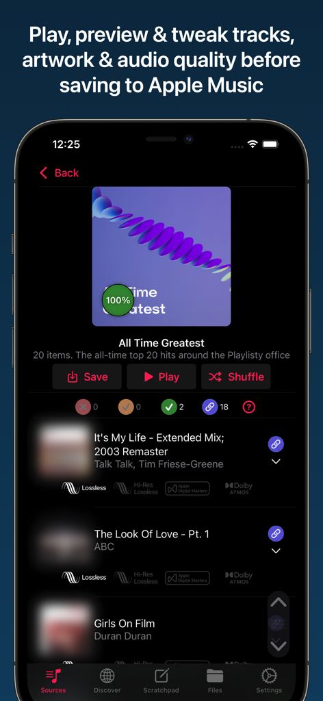 Playlisty for Apple Music - Vorschau von Titeln und Audioqualität in Playlisty für Apple Music.
