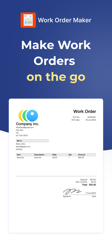 Sample digital work order with itemized costs and customer signature from the Work Order Maker app