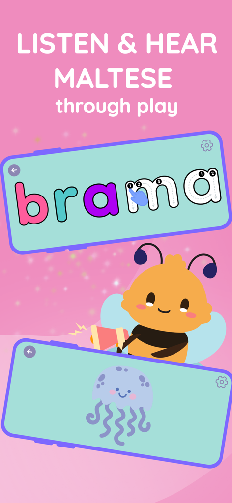 Maltese educational app interface with letter tracing and a cartoon jellyfish