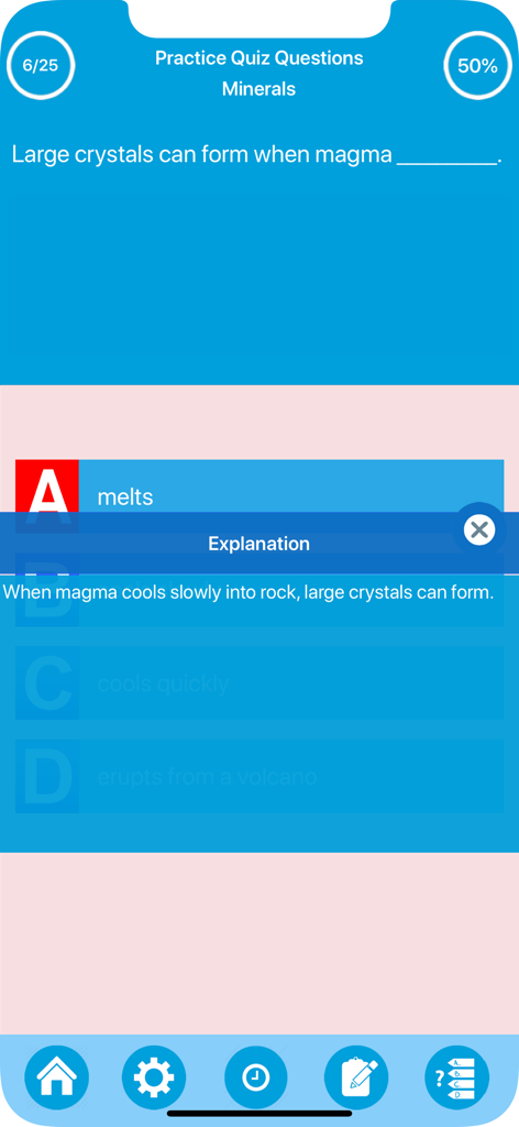 Earth science practice quiz question about minerals with answer explanation pop up