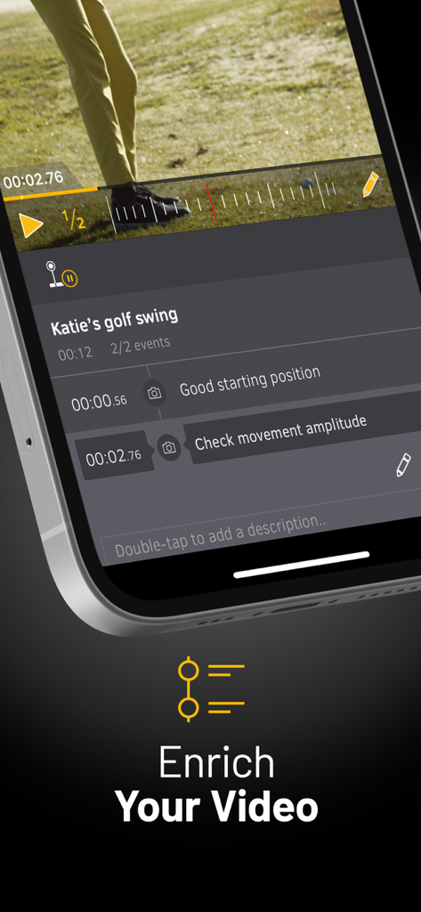 myDartfish Express: Coach App - Interfaz móvil de la aplicación myDartfish Express que muestra el análisis de vídeo del swing de golf con anotaciones técnicas con marca de tiempo