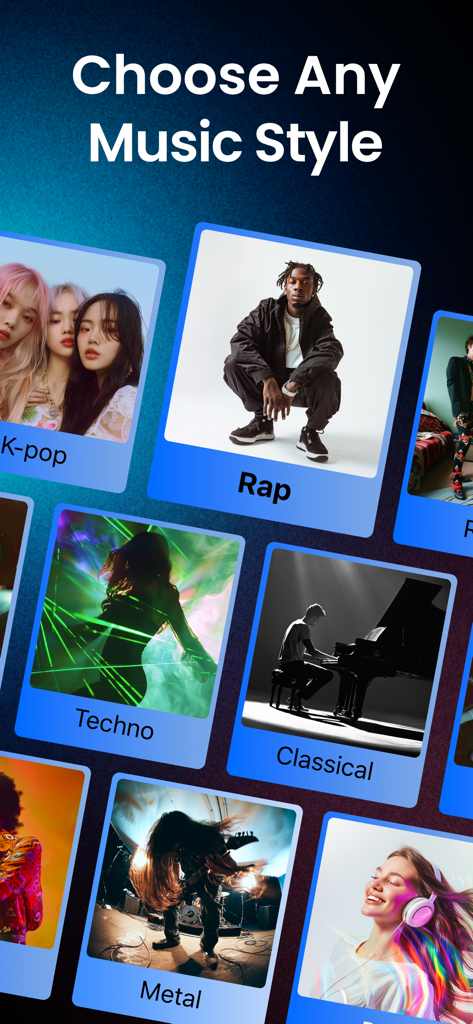 Shoom・AI Music, Song Generator - Interface of the Shoom app showing various music style options like Rap Techno and Classical