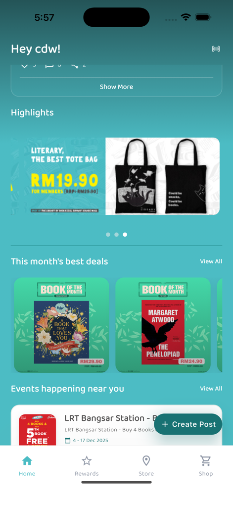 BookXcess - BookXcess loyalty app home screen displaying book highlights and monthly best deals.