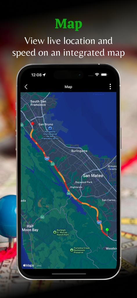 Smartphone screen displaying live location and speed tracking on an integrated map