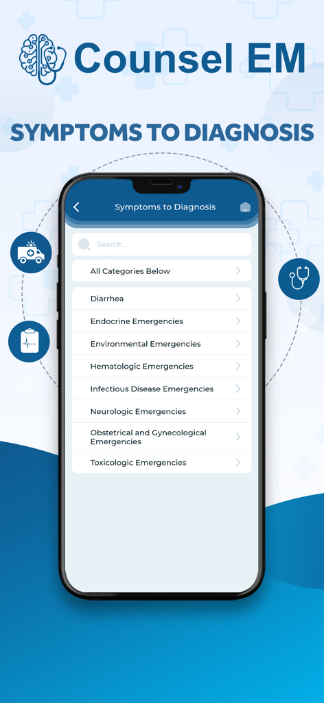 Counsel EM - Interfaz de la aplicación Counsel EM que muestra la lista de categorías de síntomas a diagnóstico, incluyendo emergencias neurológicas y toxicológicas
