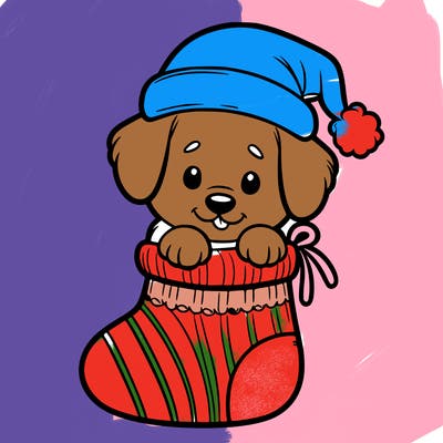 cute puppy wearing santa hat in socking