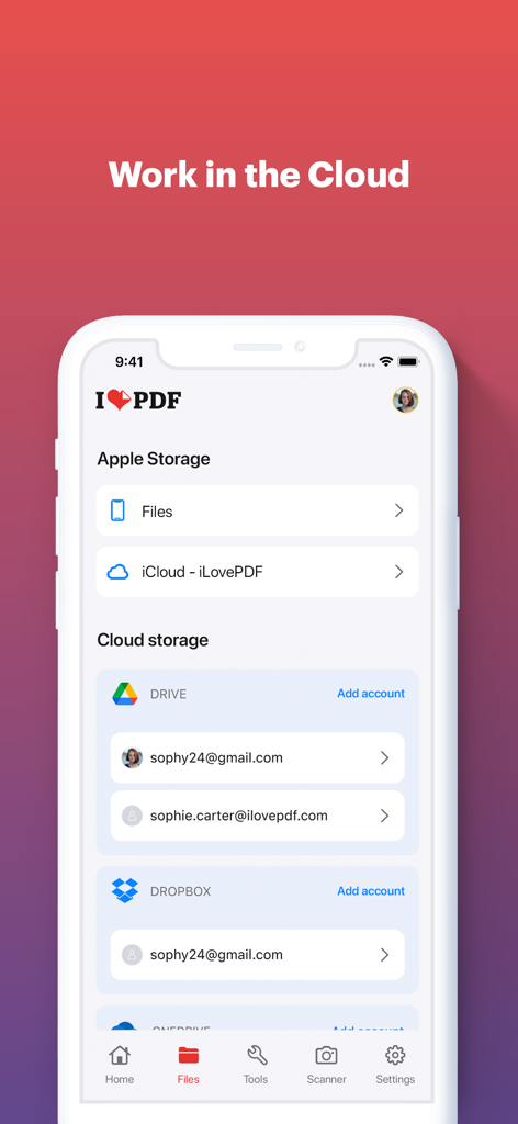 iCloud, Google Drive 및 Dropbox에서 문서를 연결하고 관리하는 옵션을 보여주는 iLovePDF 모바일 앱 인터페이스의 스크린샷.
