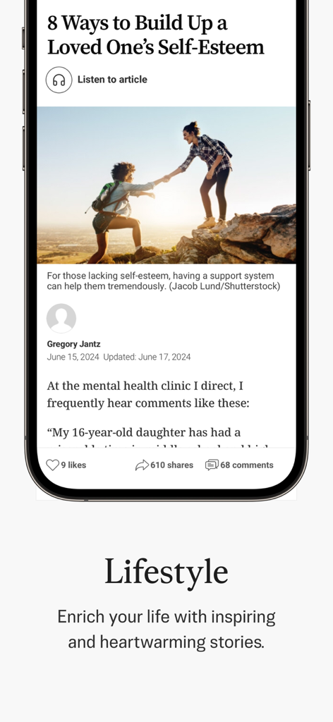 Epoch Times: Live & Breaking - Epoch Times app lifestyle section showing an inspiring article about building self-esteem