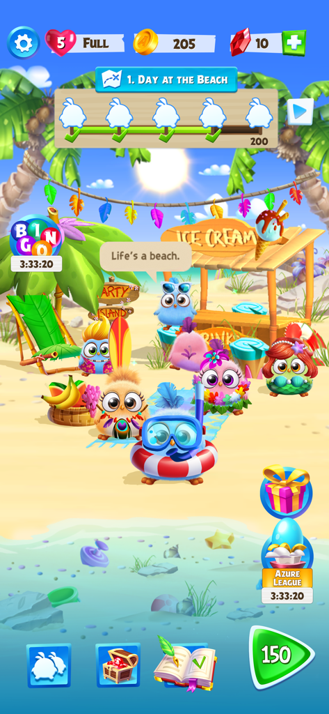 Adorable Angry Birds Hatchlings wearing beach outfits in a decorated tropical scene