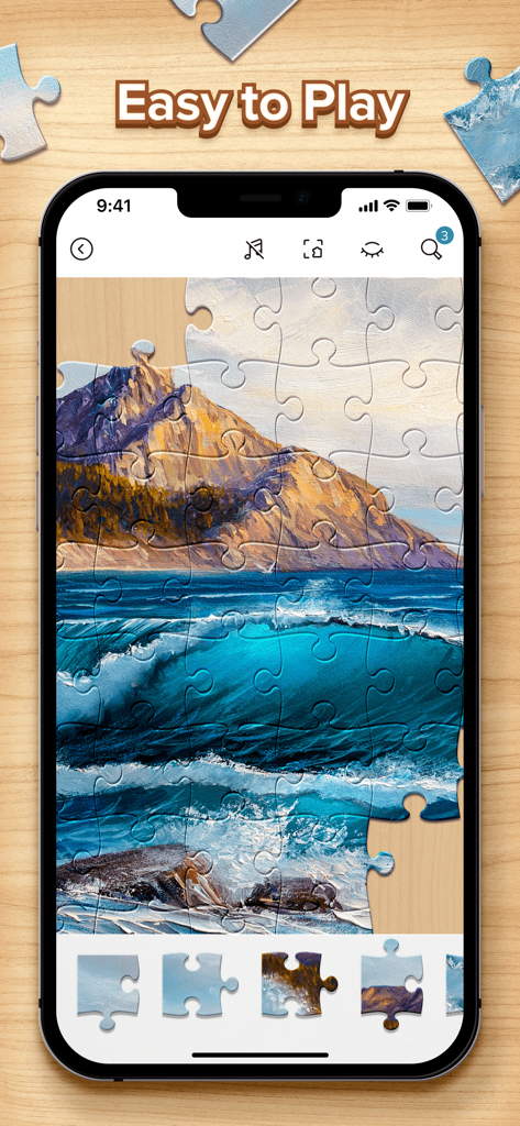 Jigsaw Puzzles: Puzzle Game HD - 직소 퍼즐 앱에서 화려한 풍경 직소 퍼즐을 보여주는 스마트폰.