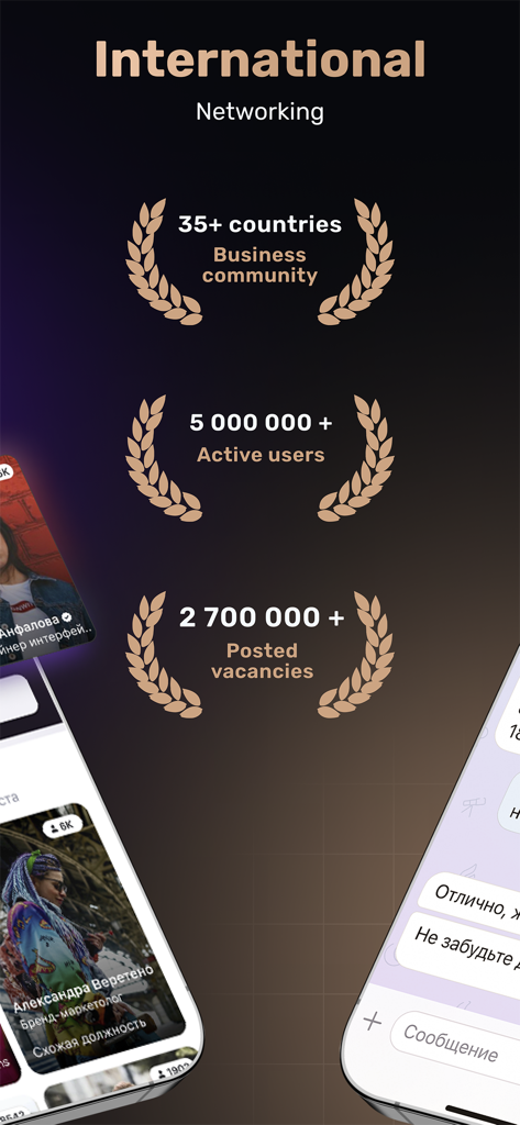 TenChat app interface displaying international networking metrics and active user count