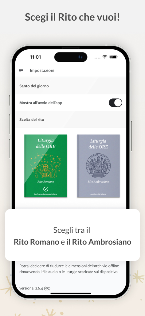 Interfaccia che mostra la scelta tra Rito Romano e Rito Ambrosiano nell'app CEI