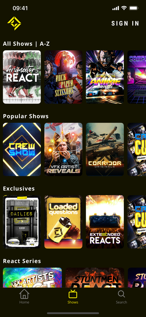 Corridor Digital - Corridor Digital mobile app interface displaying a gallery of filmmaking and VFX shows under categories like Popular and Exclusives