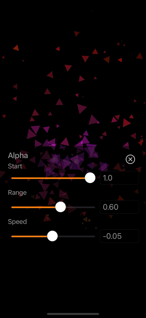 透明度スライダーと三角形のパーティクルが表示されたParticle Generatorアプリのアルファ設定メニュー