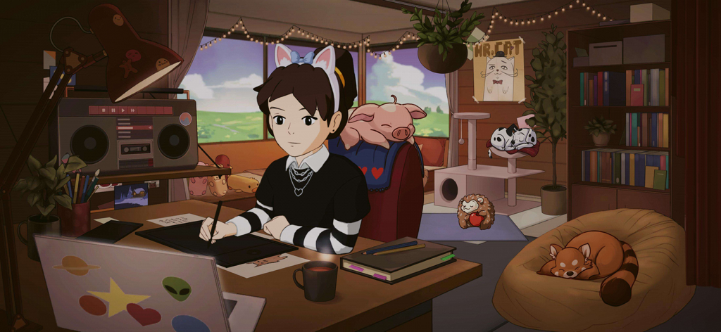 Comfy Girl - Cute & Aesthetic - A girl drawing at a desk in a cozy aesthetic room filled with cute pets and plants