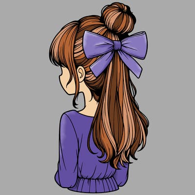 realistic girl  with hip length hair a bun and a big bow on the back of head