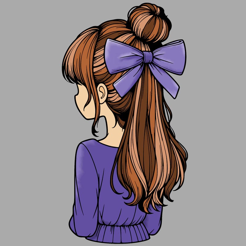 realistic girl  with hip length hair a bun and a big bow on the back of head