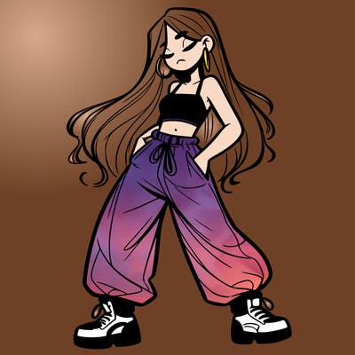 girl in baggy pants crop top and long hair