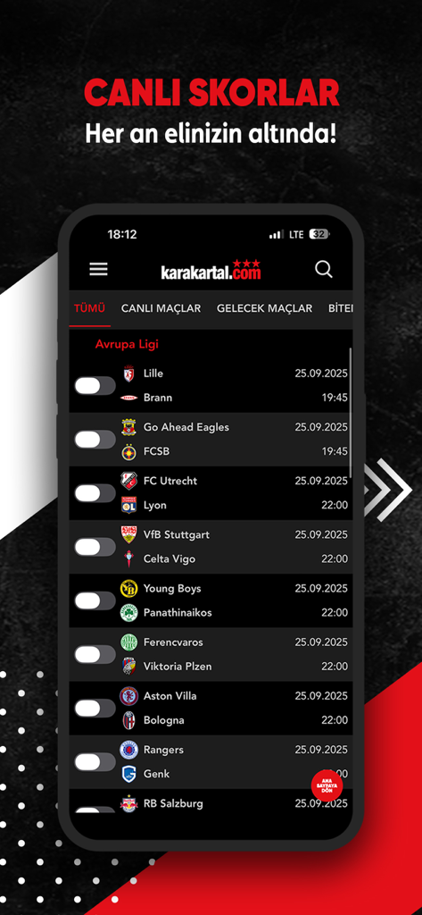 Karakartal App-Oberfläche, die eine Liste von Live-Fußballergebnissen und bevorstehenden Europa-League-Spielen auf Türkisch zeigt