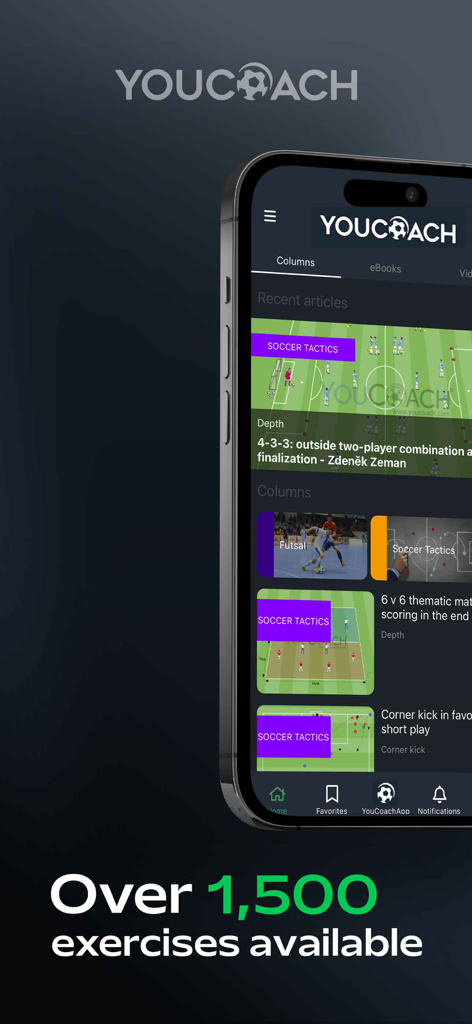 YouCoach Soccer Planner - YouCoach app interface showing a library of over 1500 soccer drills and tactical exercises.