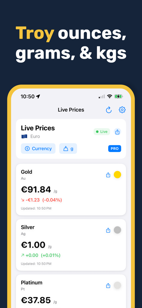 Gold & Silver Prices Live - Mobile app screen showing live precious metal prices with options for troy ounces grams and kilograms