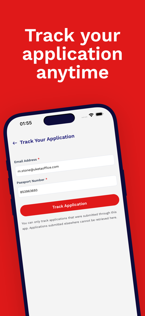 UK ETA Visa Services - Pantalla de la aplicación UK ETA Visa Services para rastrear el estado de la solicitud con campos de correo electrónico y número de pasaporte
