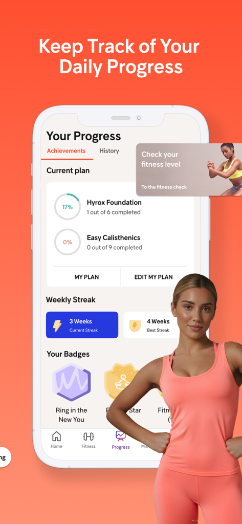 Interfaccia dell'app Gymondo che mostra i progressi dell'allenamento personalizzato, le serie settimanali e i distintivi per i traguardi raggiunti.