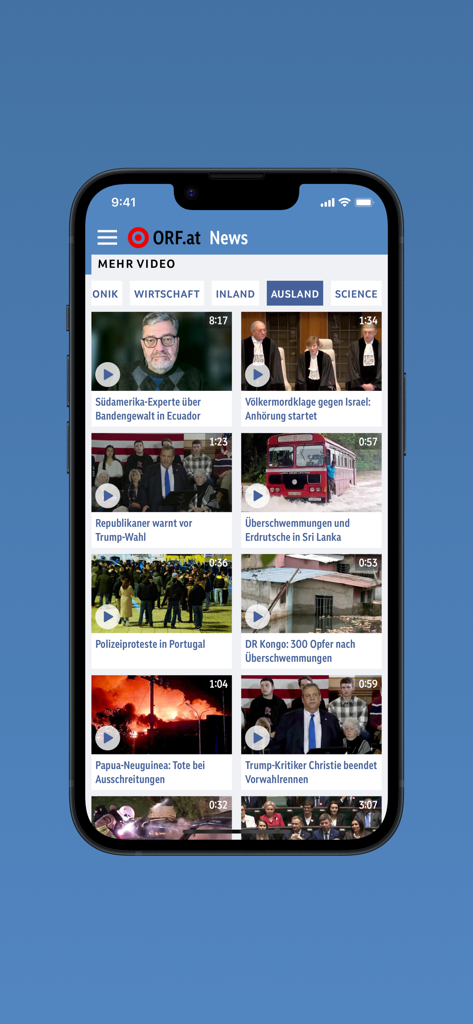 ORF.at News - Interface of the ORF.at News app showing a grid of video news reports under the foreign category on a smartphone.