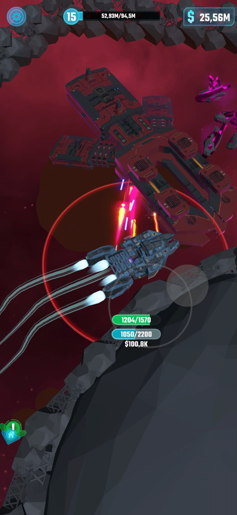Galaxy Idle - Blue spaceship attacking a large red enemy ship in Galaxy Idle gameplay