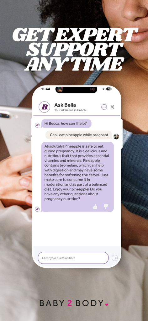 Screenshot of the Baby2Body app showing the AI wellness coach Bella answering a pregnancy nutrition question in a chat interface