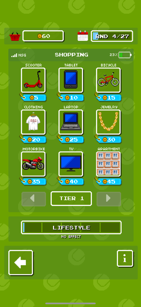 Retro Slam Tennis - Un menú de compras pixelado en Retro Slam Tennis que muestra artículos de estilo de vida para comprar, incluyendo un portátil, una motocicleta y un apartamento.