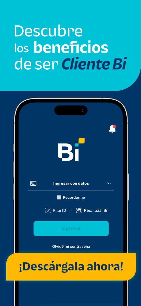 Bi en Línea - Pantalla de inicio de sesión de la aplicación bancaria móvil Bi en Línea que muestra opciones de entrada biométrica y un botón de descarga