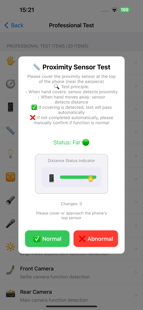 Phone Diagnostics Expert - Interface of the proximity sensor test within the Phone Diagnostics Expert app showing distance status indicator.