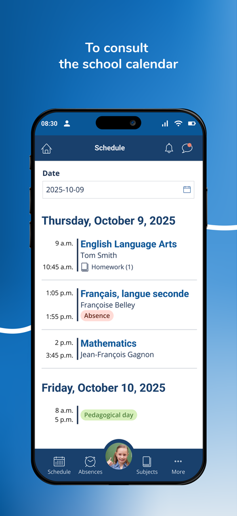 Clic école - Une capture d'écran de l'application mobile Clic école montrant l'horaire scolaire quotidien d'un élève avec les heures de classe et les noms des enseignants.