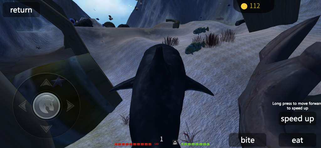 Gameplay screenshot of 3D Fish Growing 2020 showing a large predator fish in an underwater environment with mobile controls