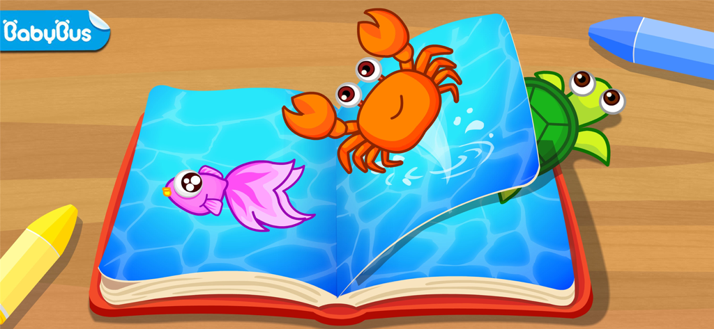 Un libro pop-up interattivo con un granchio e pesci dai Giochi di Pesca Felice di BabyBus.