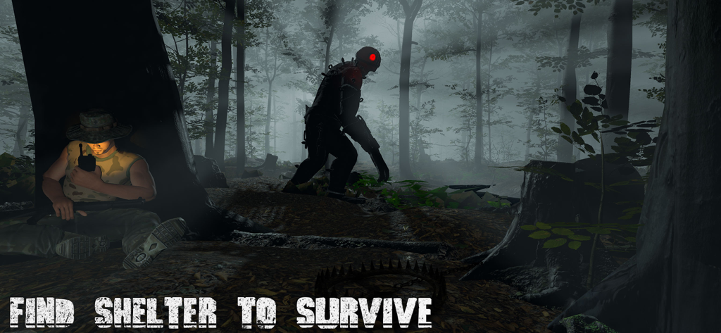The Hunt Horror Multiplayer - A player hiding behind a tree from a tall monster with red eyes in a dark foggy forest