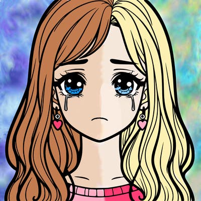 young woman with tears with neutral not sad face face and long hair