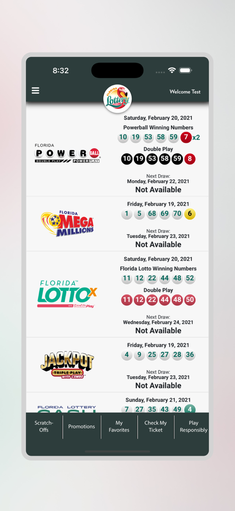 Screen of the Florida Lottery app showing recent winning numbers for Powerball and Mega Millions games