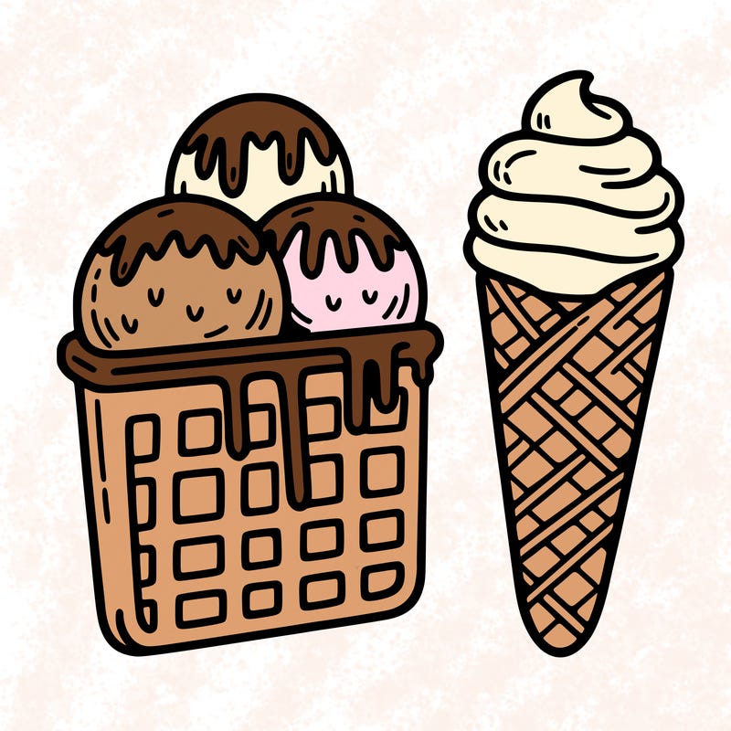 ice cream with three scoops and a waffle