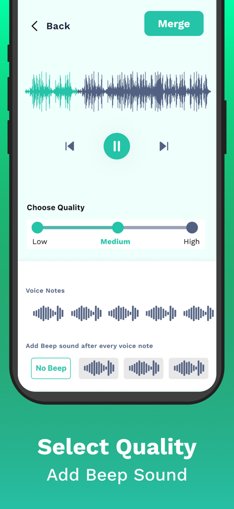 Interfaz de aplicación móvil para seleccionar la calidad de audio y añadir pitidos entre notas de voz fusionadas