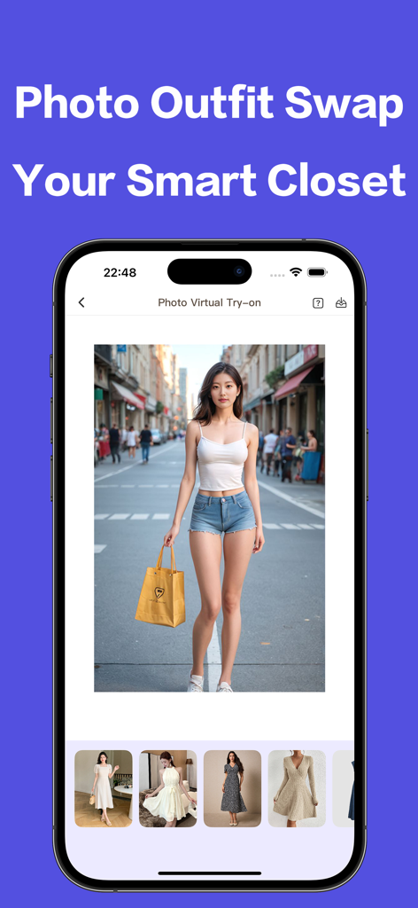 AI Try Onアプリのモバイルインターフェース。女性がストリートの設定で、バーチャルな衣装交換のためのさまざまなドレスオプションを着ています。