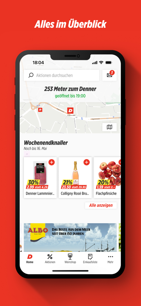 Denner – Aktionen und Weinshop - Denner app home screen showing local store locator and weekly grocery deals