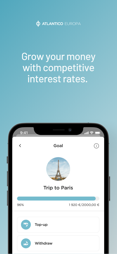 Interface da app MY ATLANTICO exibindo um objetivo de poupança para uma viagem a Paris com uma barra de progresso a 96 por cento