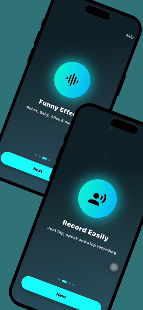 Two iPhone screens displaying the onboarding process of the Voice Changer Pro app featuring easy recording and funny voice effects on a dark themed interface.
