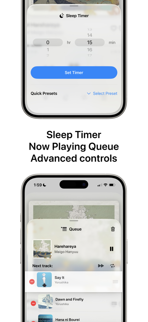 Tuneo: Offline Music Player - Interface do aplicativo Tuneo mostrando as configurações do temporizador e o gerenciamento da fila de reprodução de música